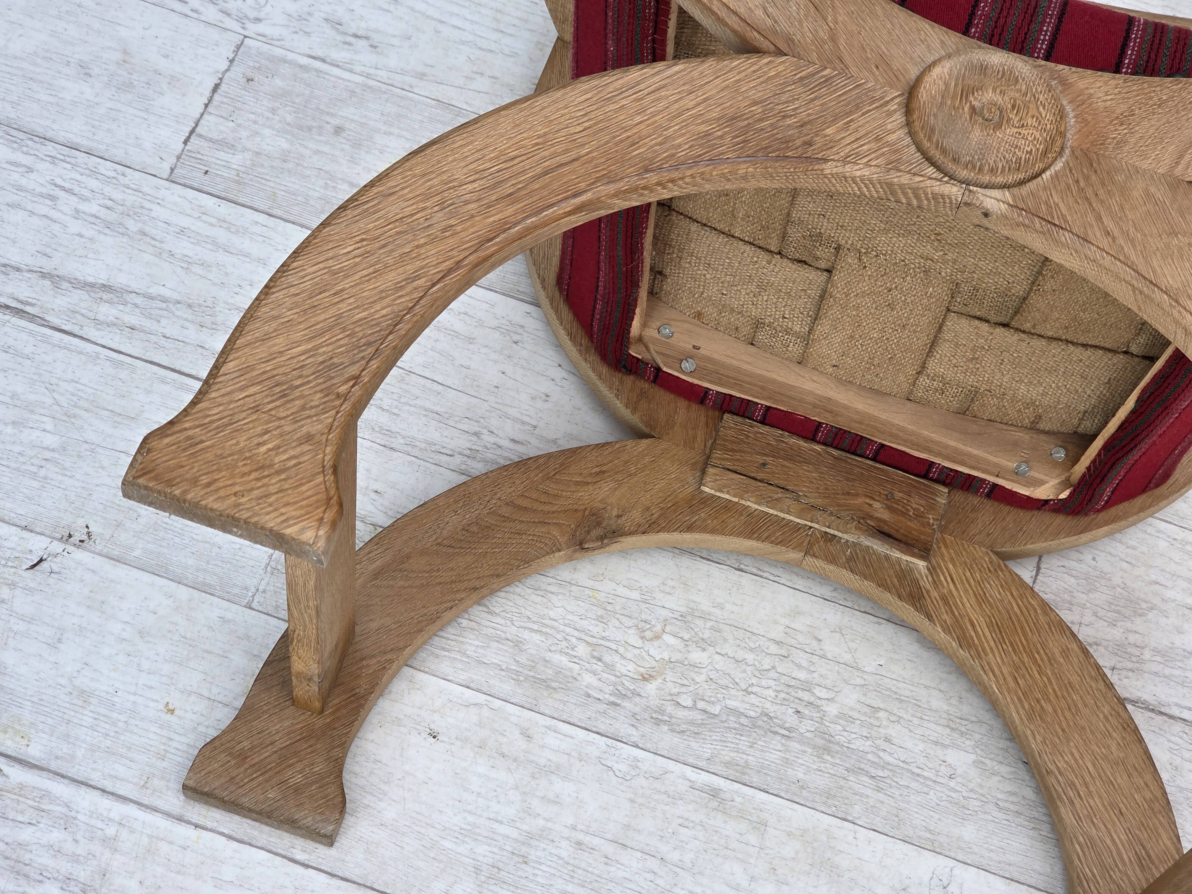 1970s, Danish armchair, original red furniture wool, solid oak wood.