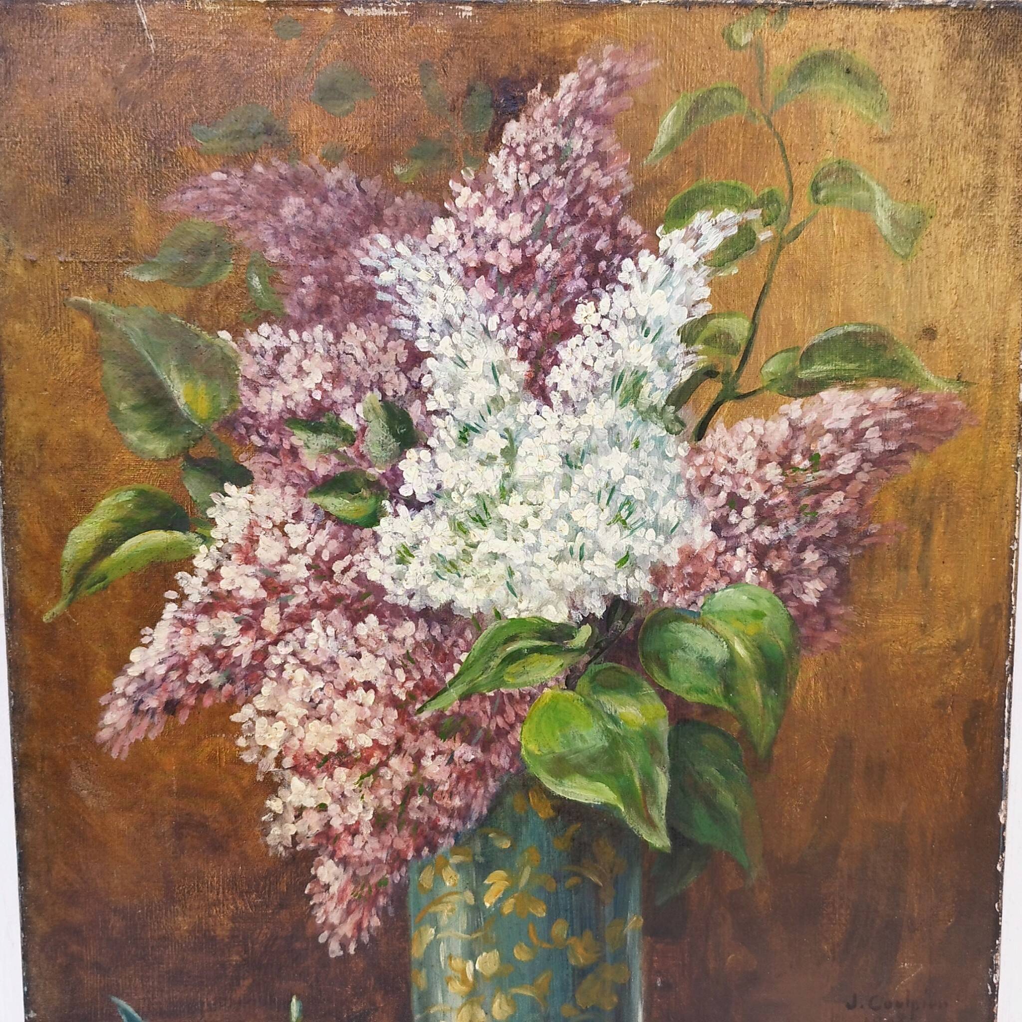 Oil painting on canvas bouquet of lilacs 1903 Vintage