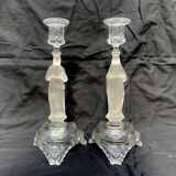 Paire d'anciens bougeoirs enverre Marie et Jésus