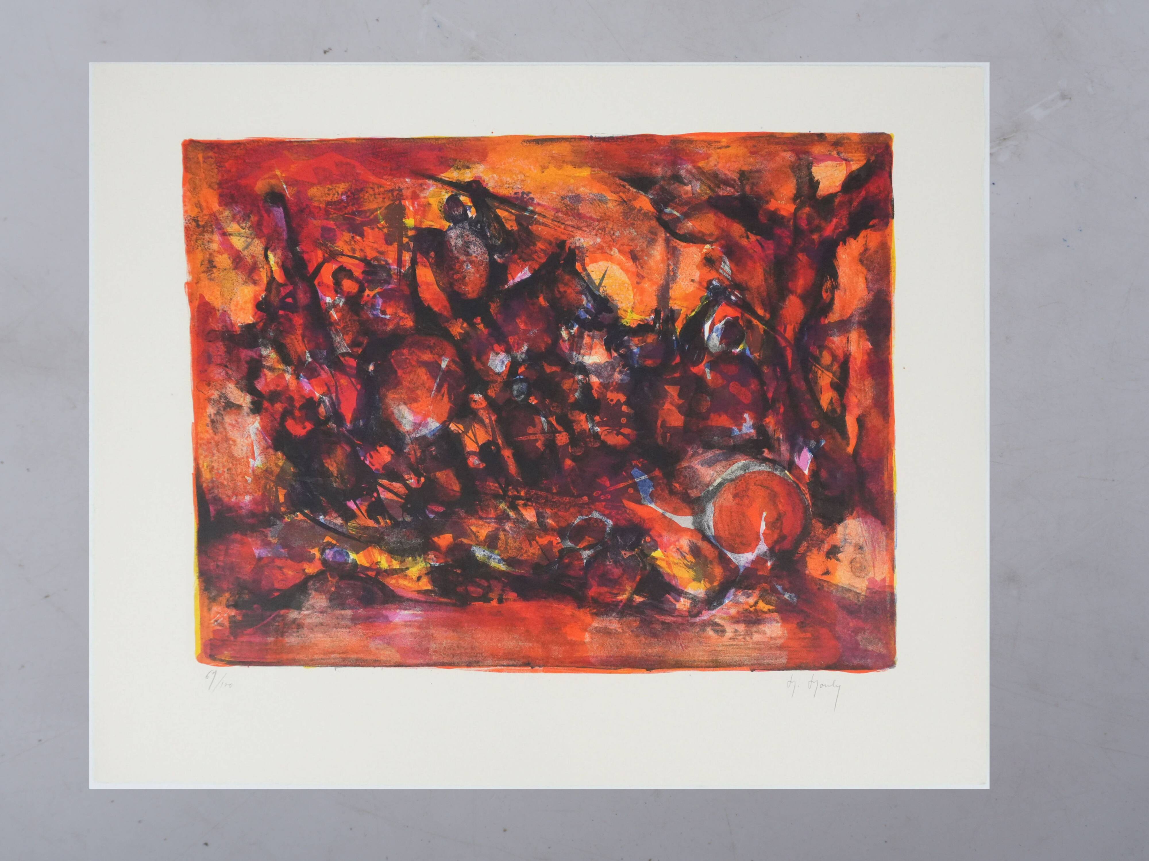 Marcel Mouly : Combat rouge, lithographie originale signée