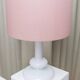 Vintage Holmegaard Plaza table lamp by Hsin-Lung Lin for Glasværk, 1970s - White glass with pink fabric shade - Elegant retro lamp, gift idea.