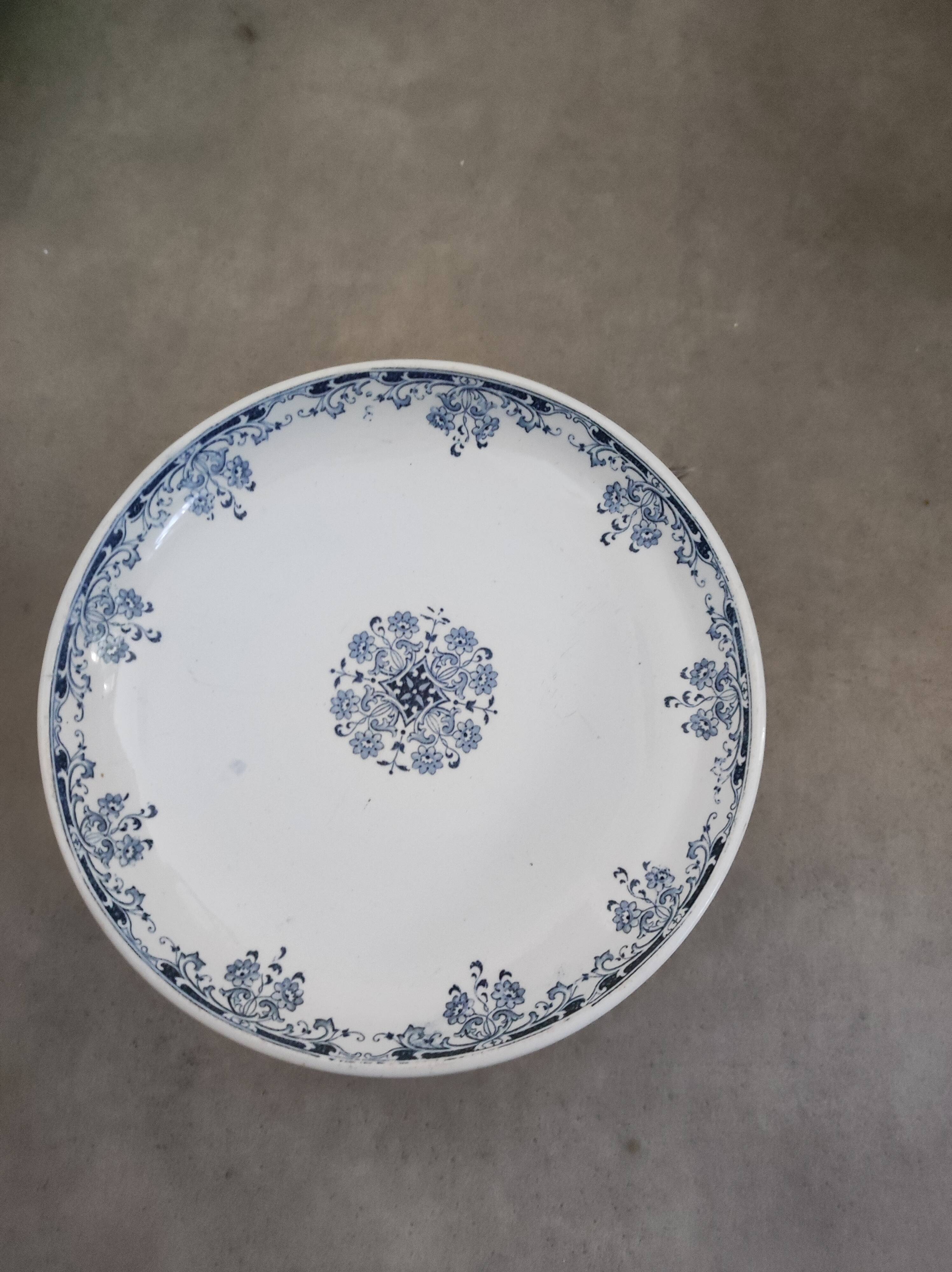 Old footed bowl Sarreguemines Mignon blue faience vintage