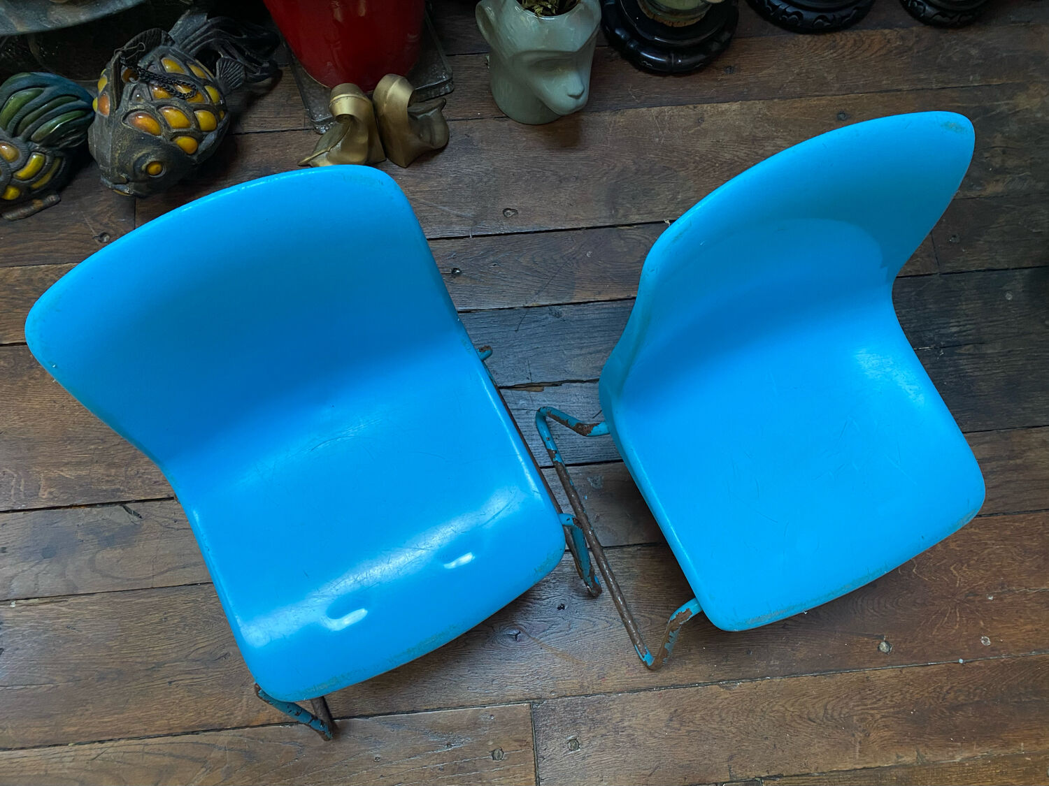 Duo of vintage Grofilex blue nursery children's chairs