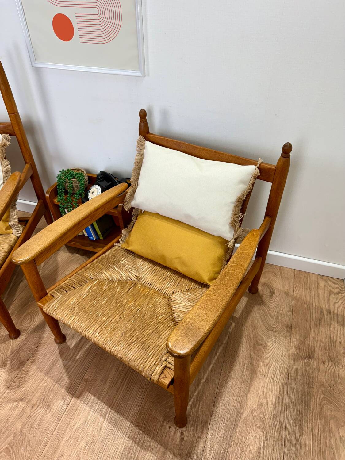 Pair of wooden and straw armchairs