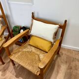 Pair of wooden and straw armchairs