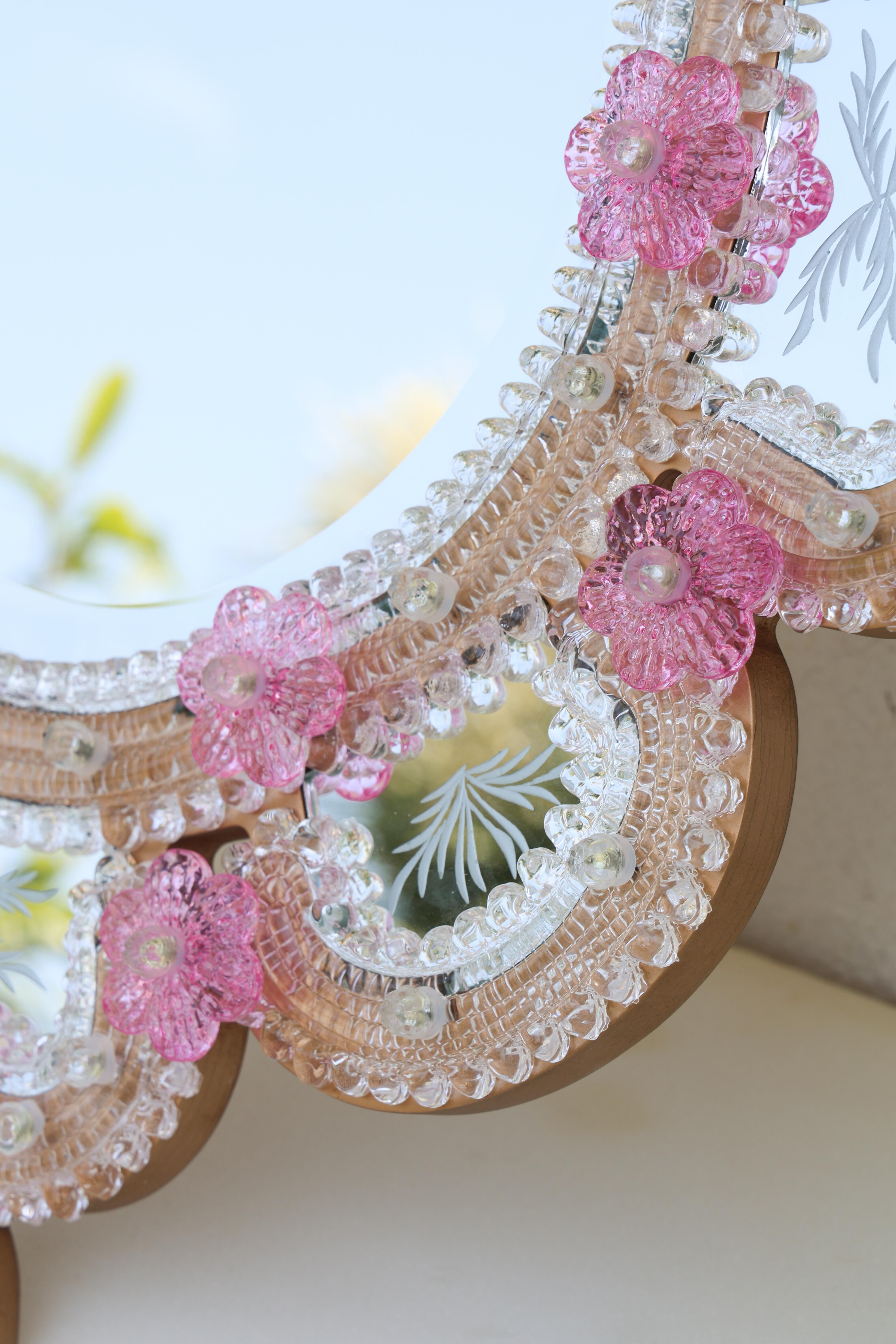 Exceptional Vintage Pink Murano Glass Wall Mirror