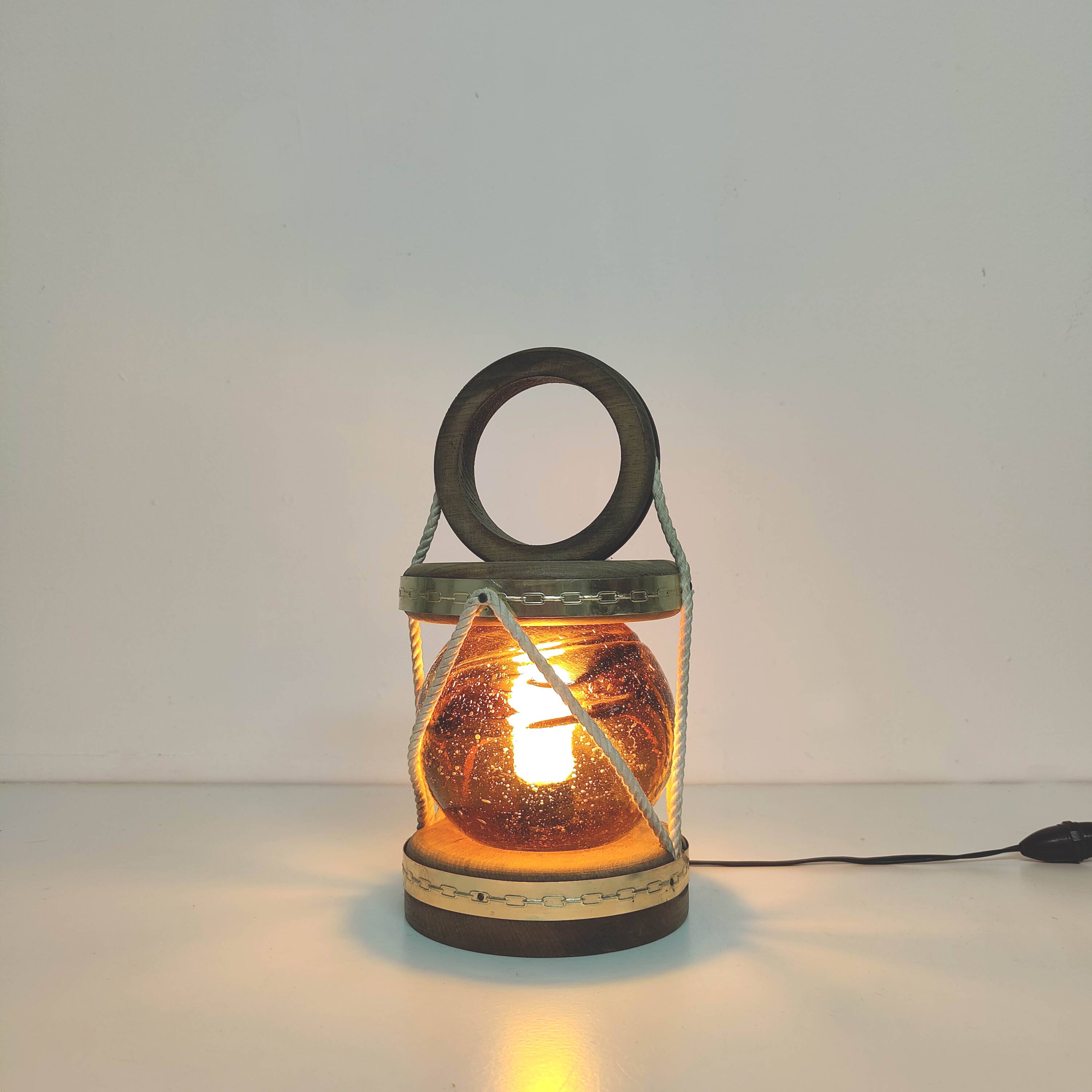 Marine lamp float amber blown glass wood and rope