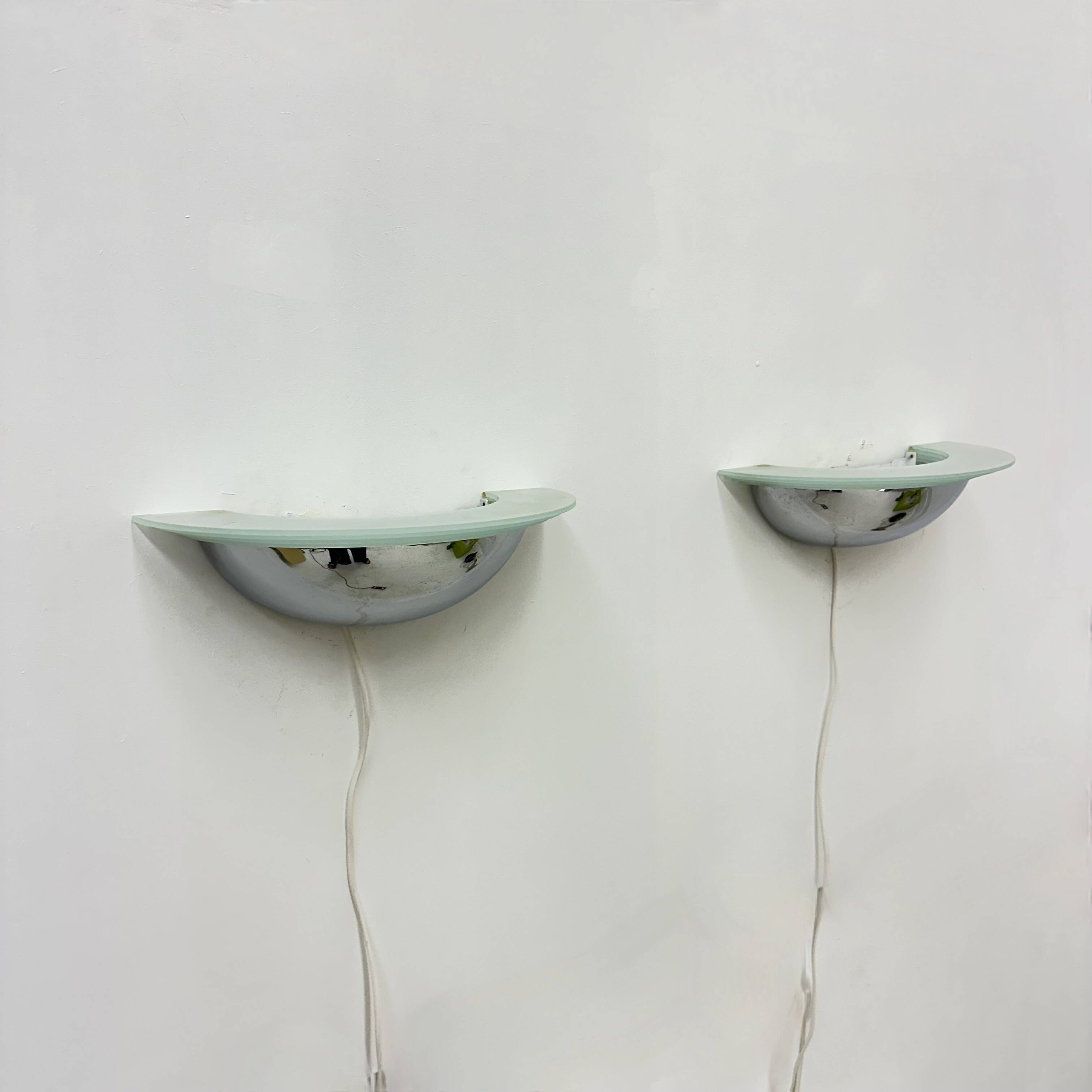 Pair of post modern wall lamps chrome and glass , 1980s