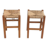 2 square stools in solid wood and straw