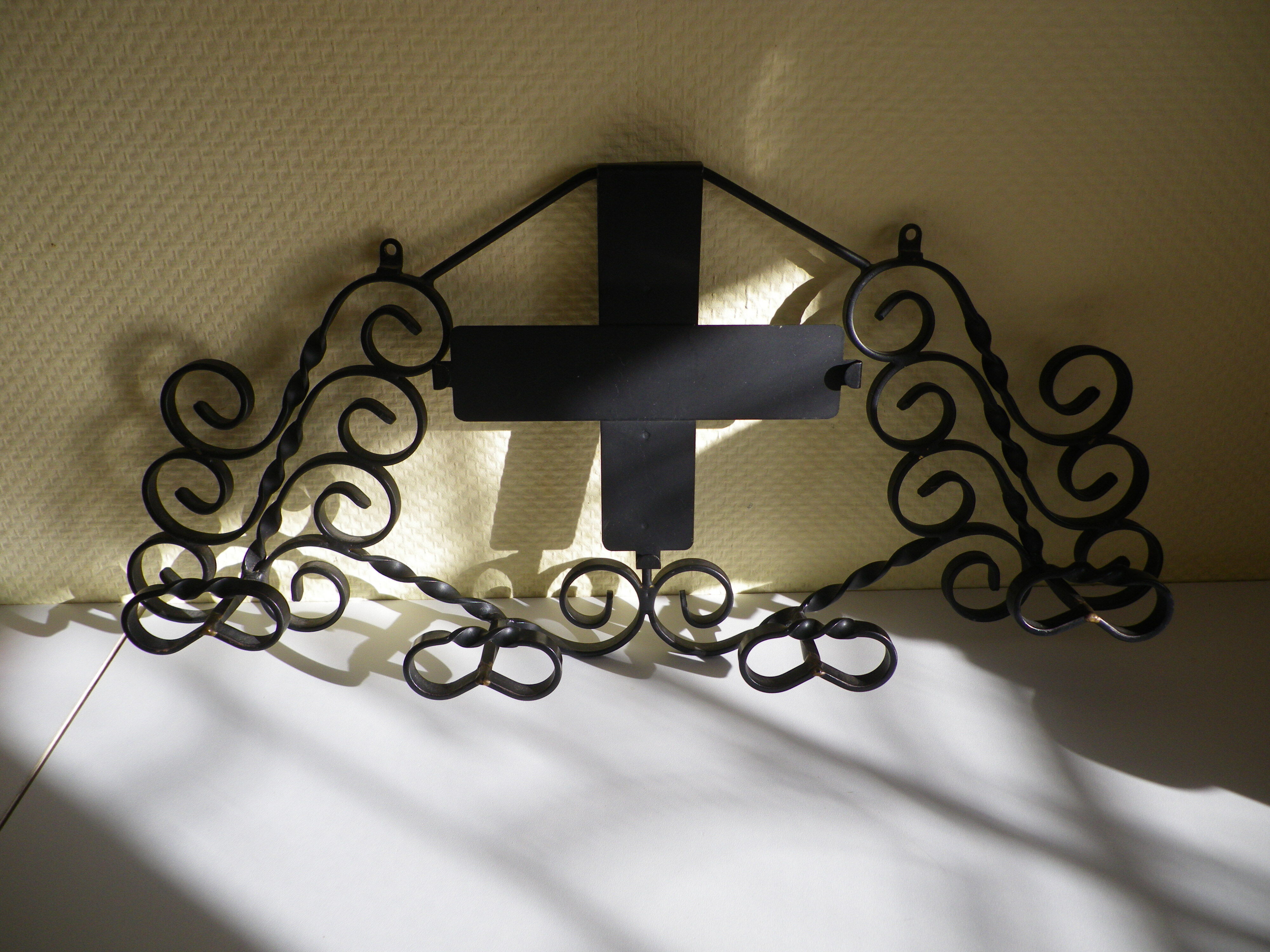 Vintage wall coat rack with mirror, 4 hooks, wrought iron