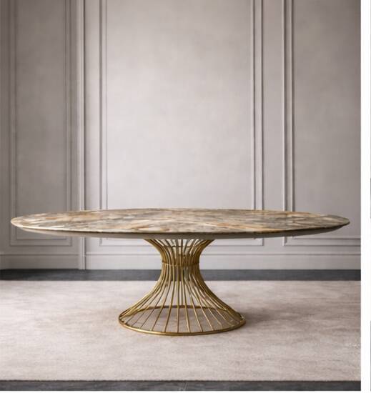 Extendable oval table in ceramic with marble effect and golden central base – Sty