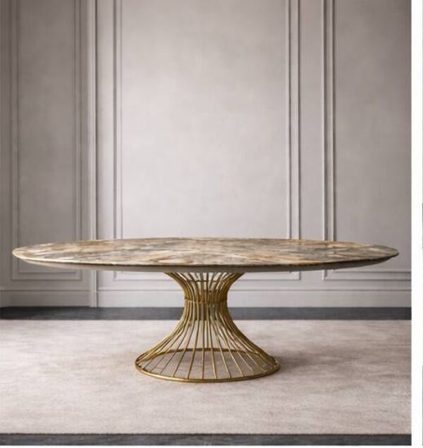 Table extensible ovale en céramique effet marbre et pied central doré – Sty