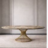 Extendable oval table in ceramic with marble effect and golden central base – Sty