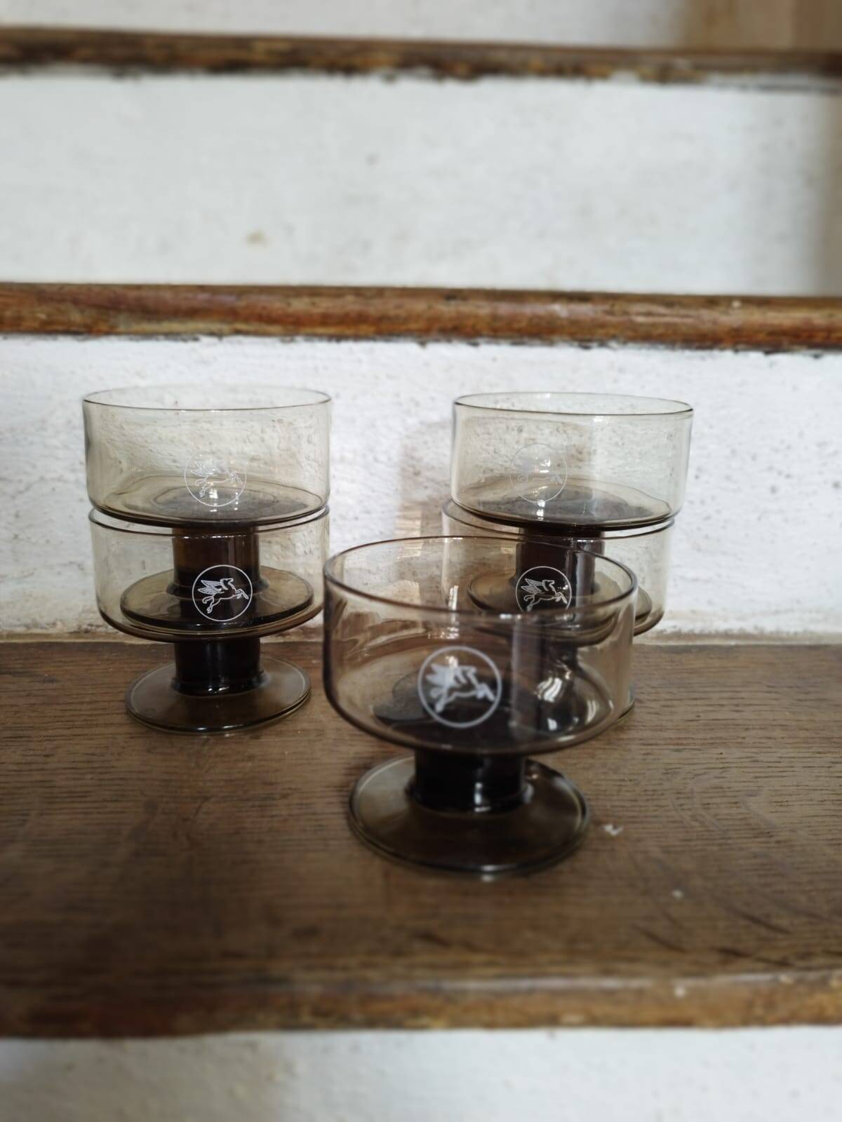 Set of 5 Pegasus Mobil Oil smoked glass cups