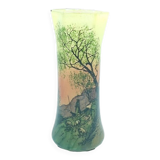 Large enameled glass vase in the style of Legras decor of the shepherd and his sheep