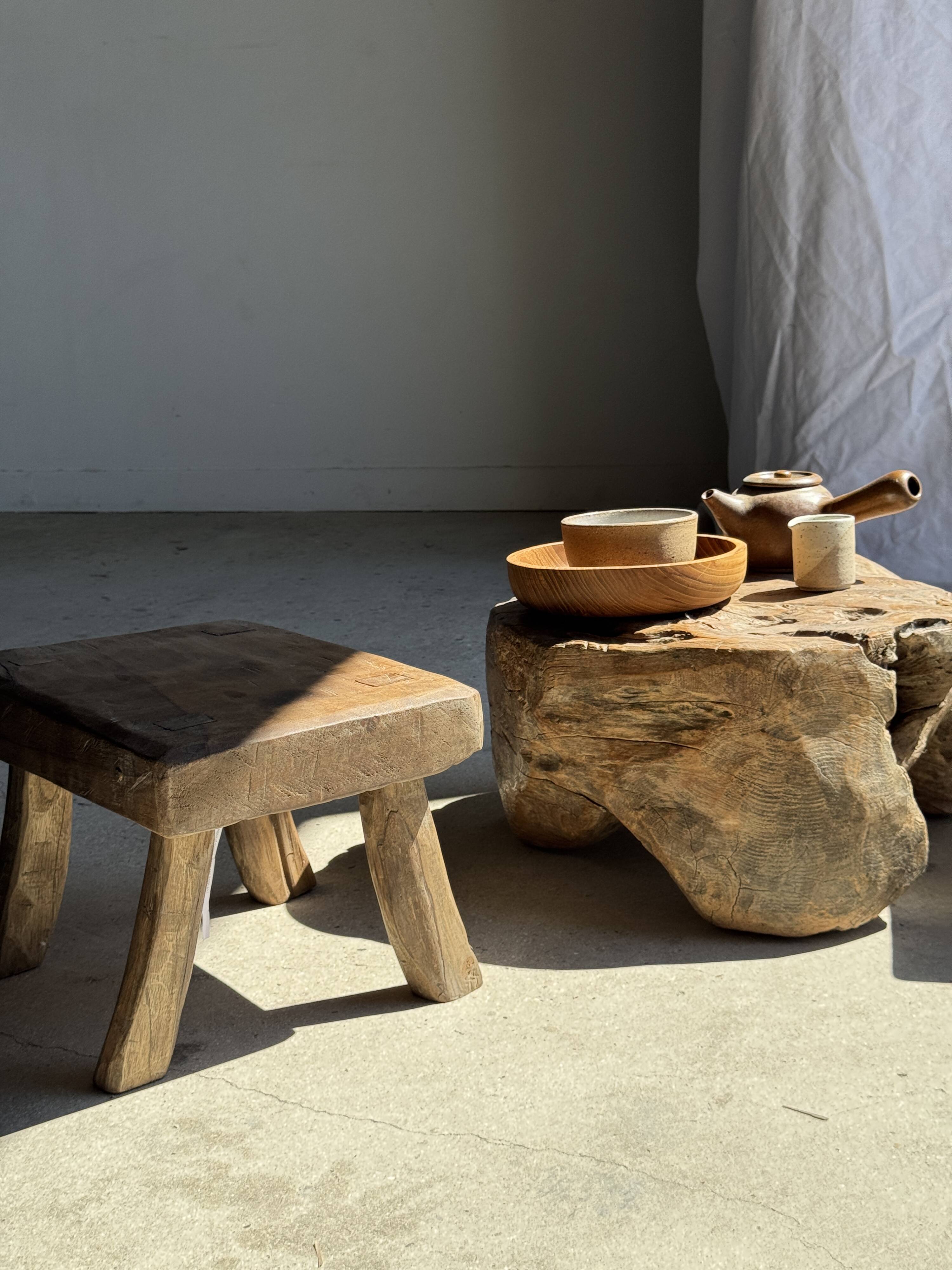 Small stool, rectangular accent stool in solid teak wabi-sabi H26.