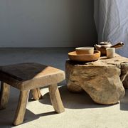 Small stool, rectangular accent stool in solid teak wabi-sabi H26.