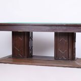 Restored Art Deco Dining Table, Oak, Copper Plating, Glass, Czech, 1930s