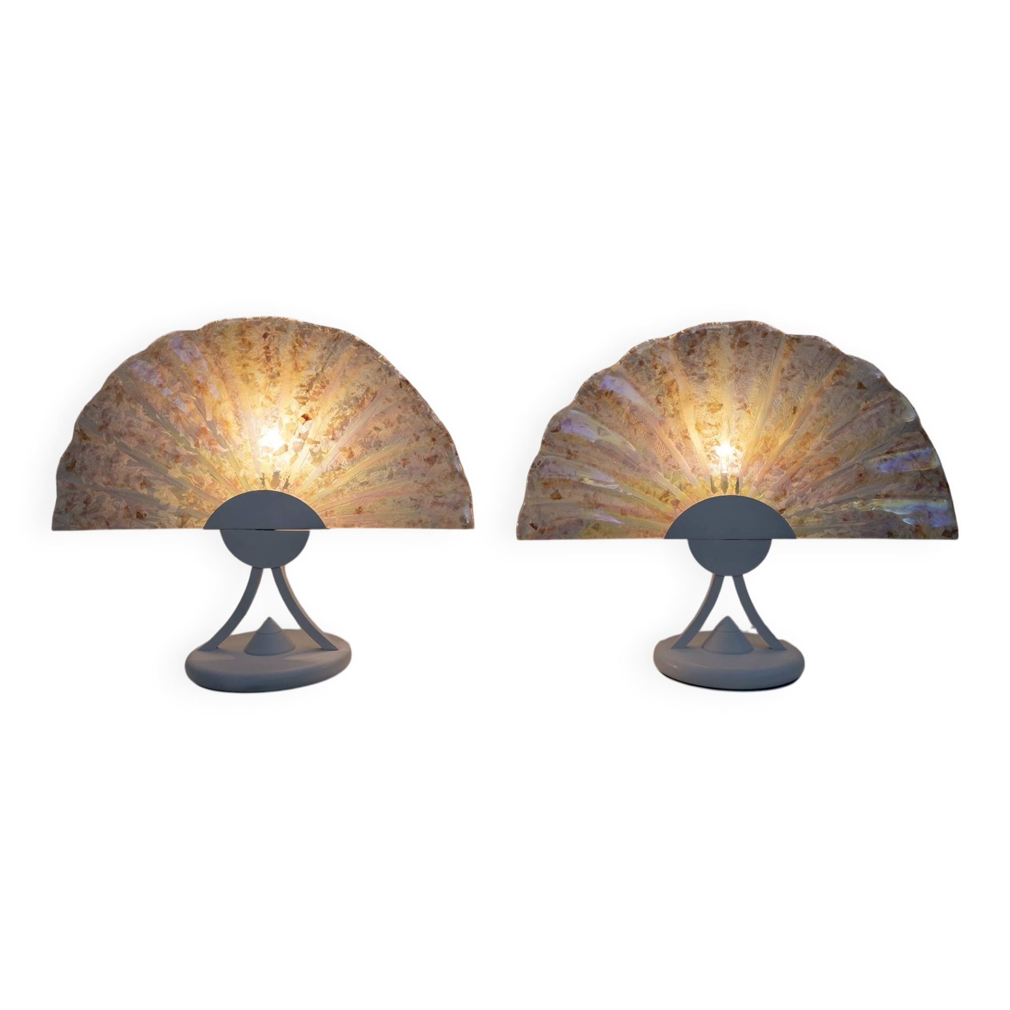Pair of Postmodern Italian Iridescent Murano Glass Fan Table Lamps, 1980s
