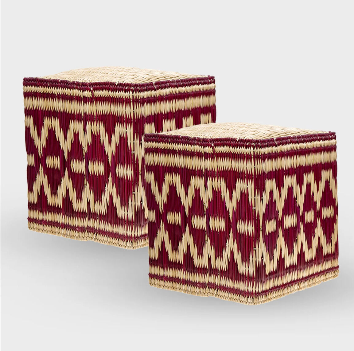 Set of two pouf seat cube rattan wicker graphic ikat red burgundy purple magenta