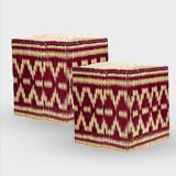 Set of two pouf seat cube rattan wicker graphic ikat red burgundy purple magenta