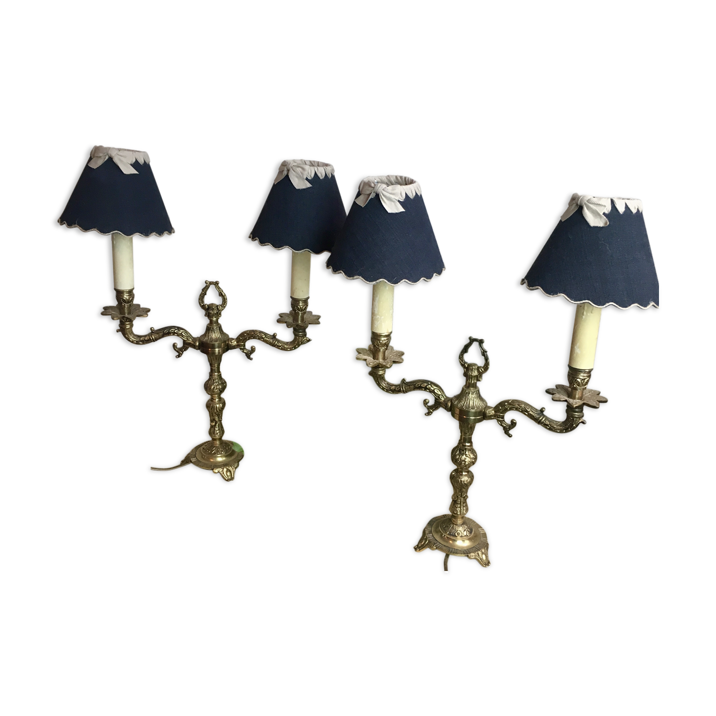 Pair of Louis XVI style double lamps in gilded bronze
