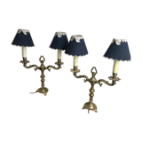 Pair of Louis XVI style double lamps in gilded bronze