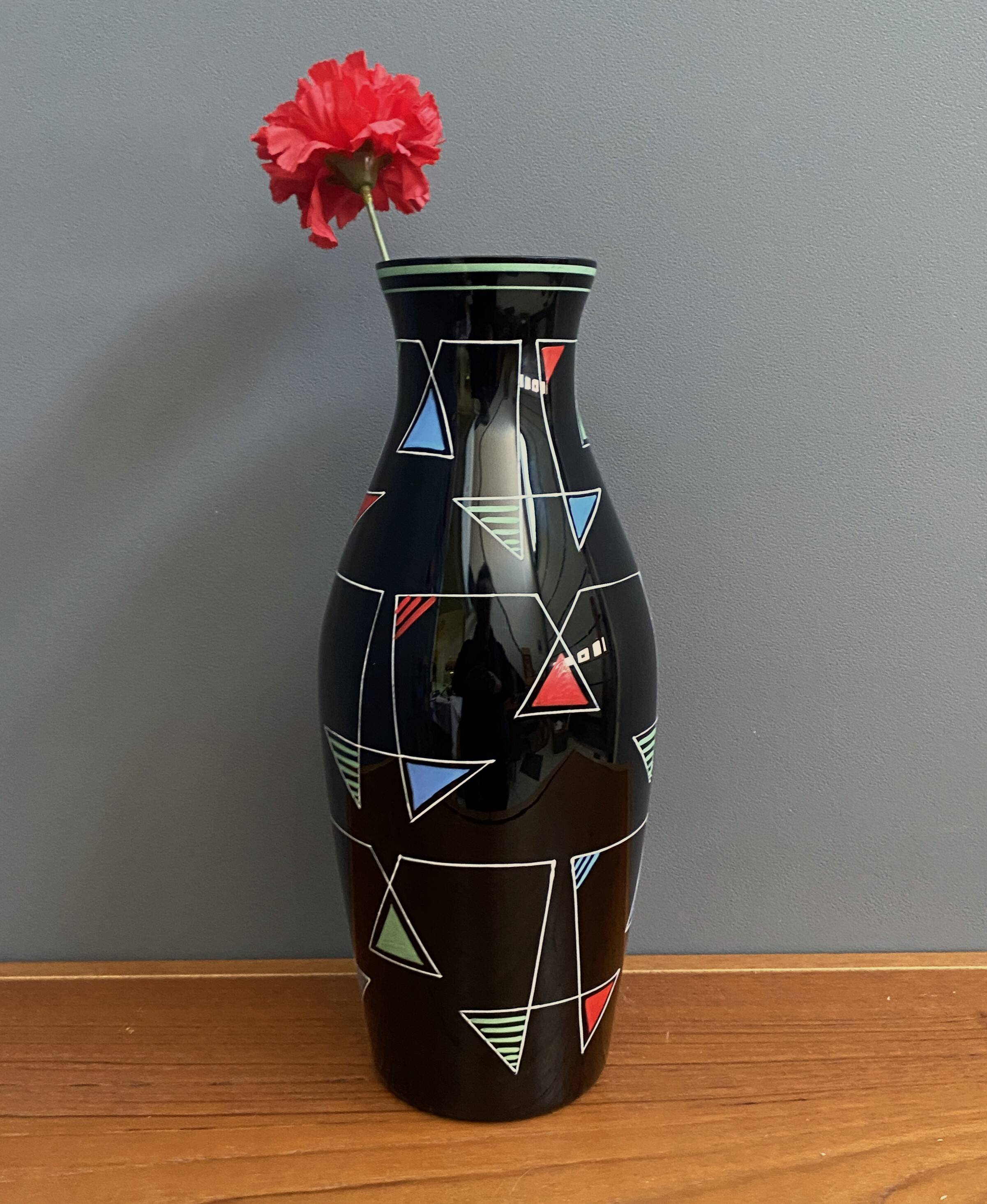 Black Glass vase with enamel decoration by VEB Wasungen 1970s