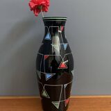 Black Glass vase with enamel decoration by VEB Wasungen 1970s