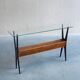 1950s Italian ebonized console table with glass top & lattice basket