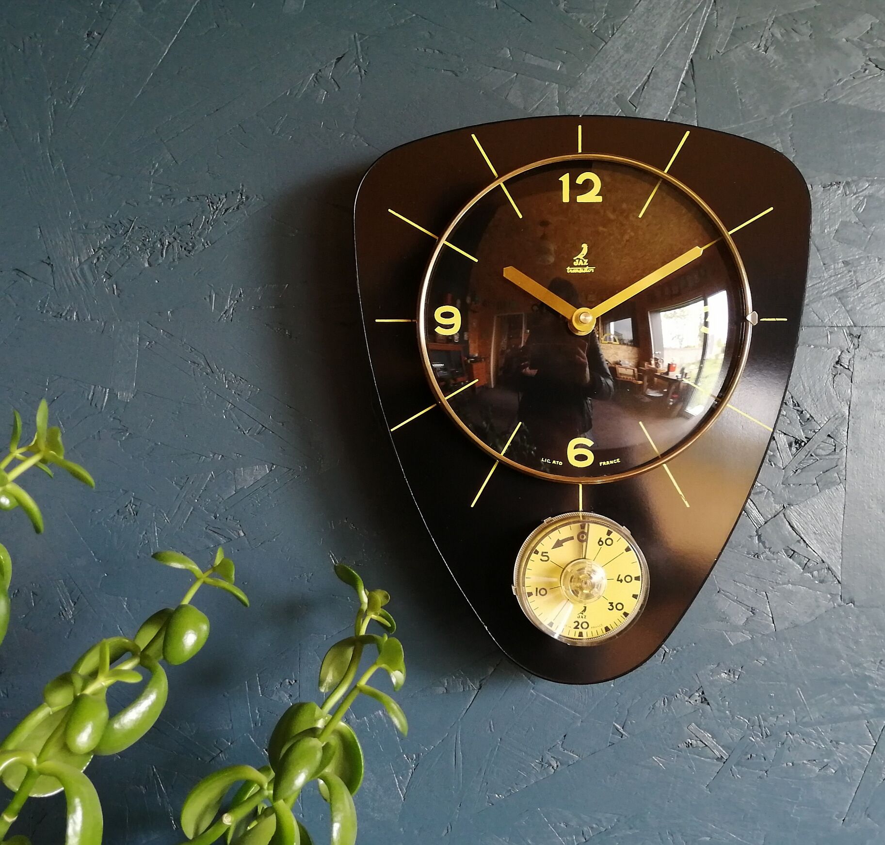 Clock formica vintage wall clock silent timer "Jaz transistor black yellow"