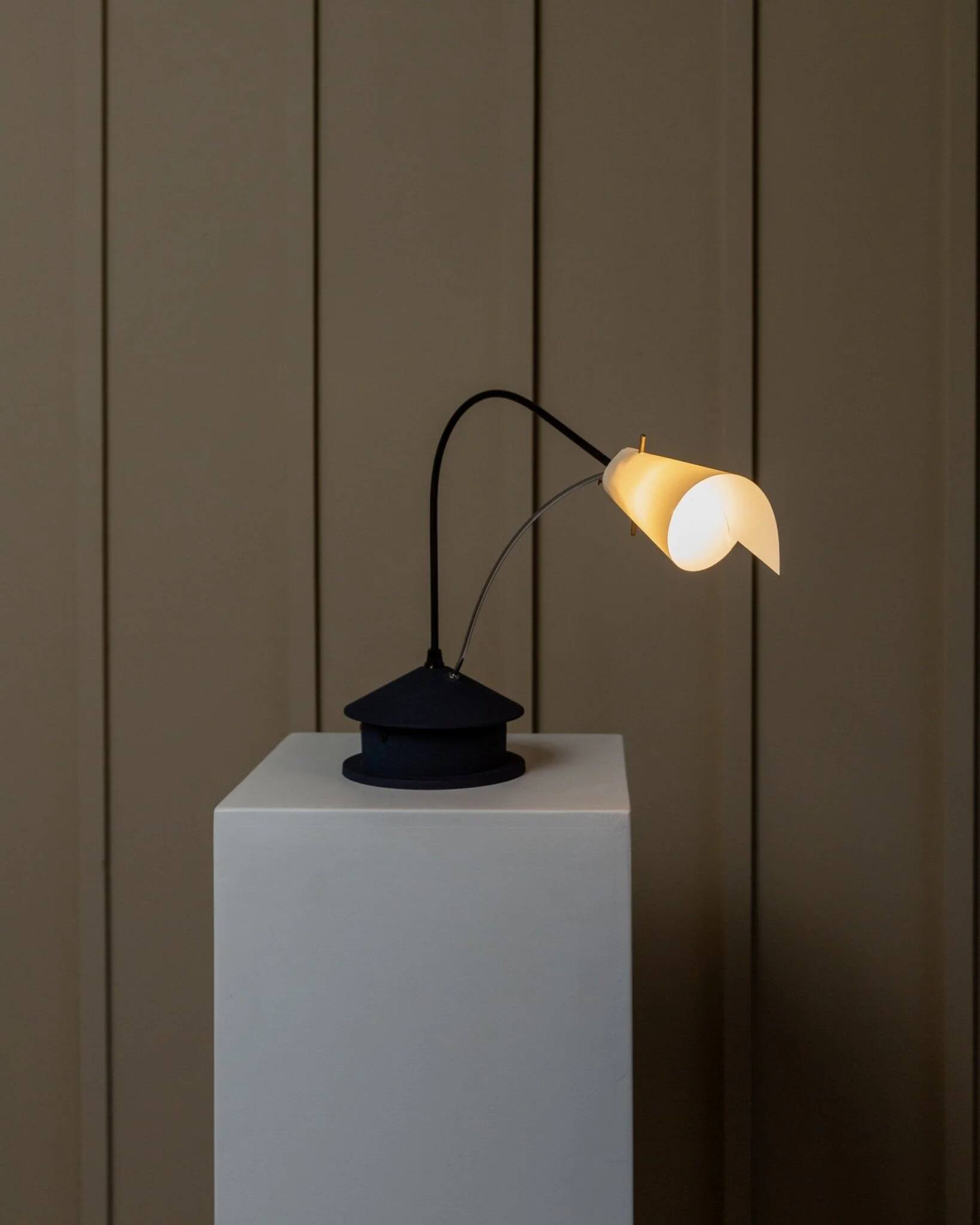 Vintage blue metal table lamp with adjustable chrome neck and white plastic origami shade, 1980s Italy