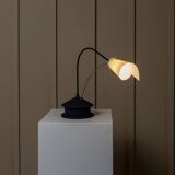 Vintage blue metal table lamp with adjustable chrome neck and white plastic origami shade, 1980s Italy