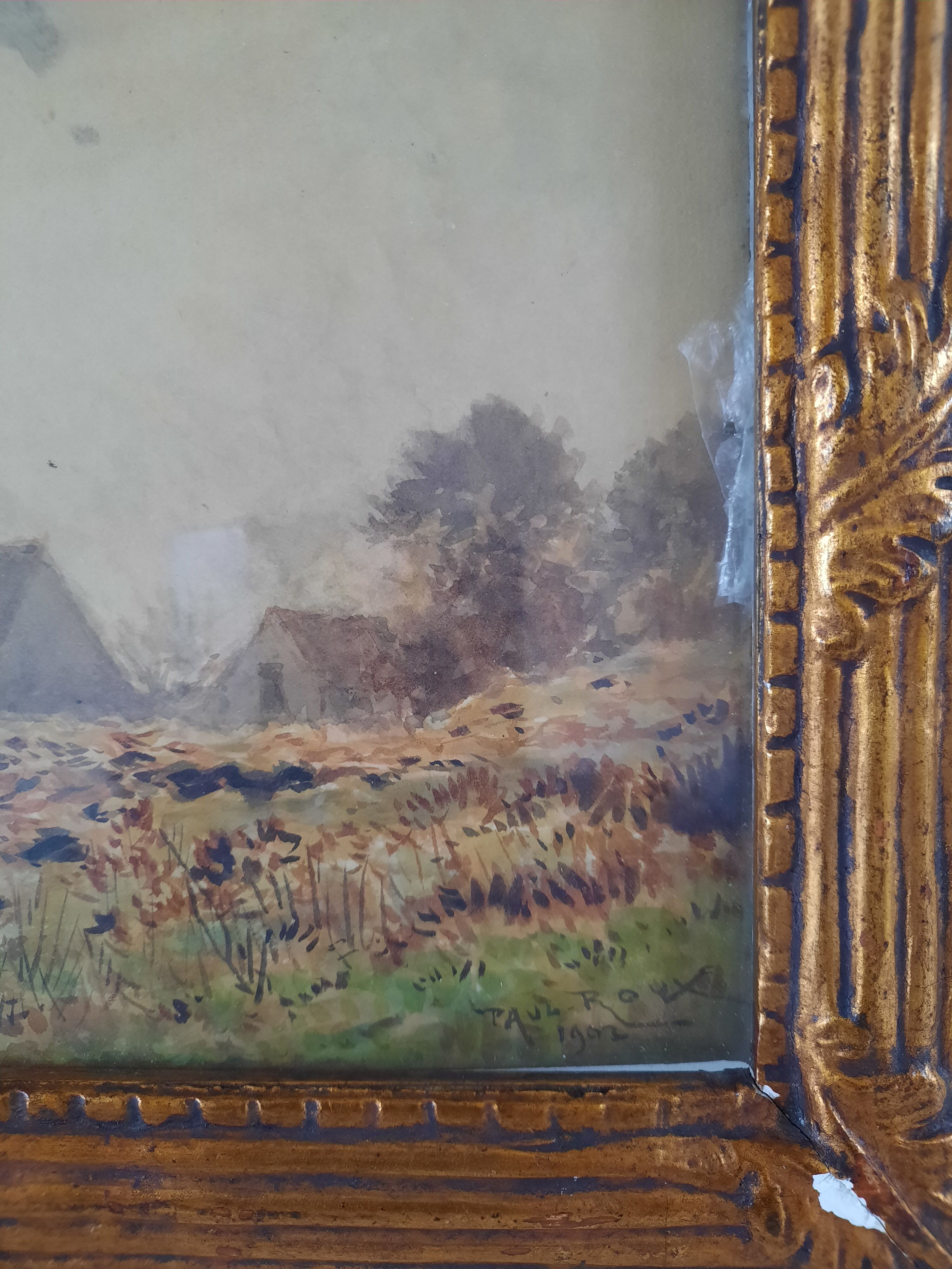 Watercolor painting landscape of a farm and its surroundings signed paul roux 1902