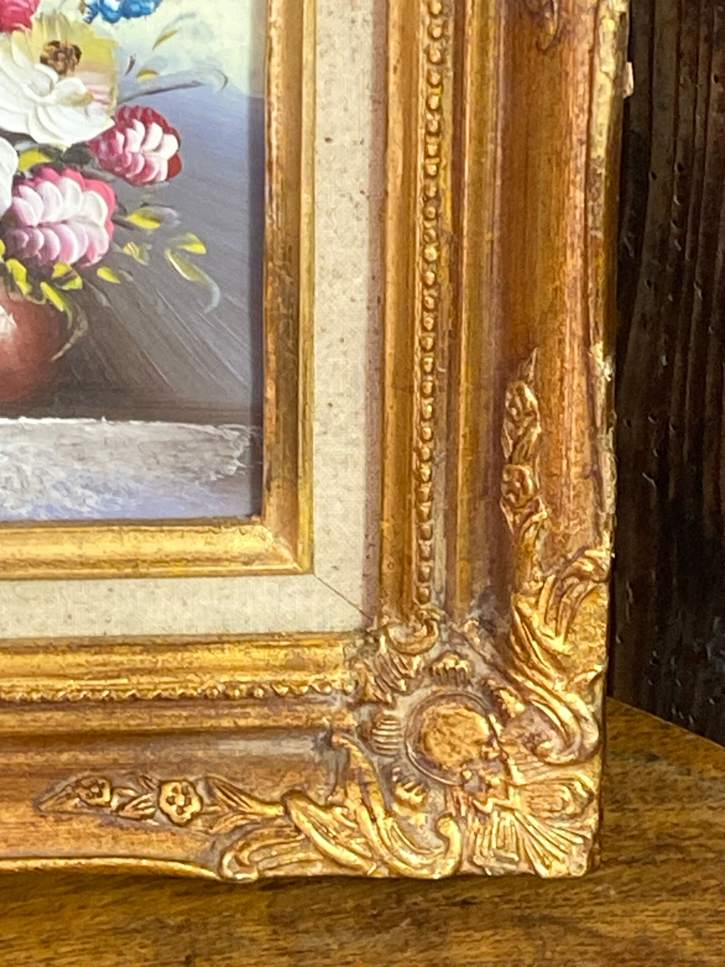 Still life, painting on hardboard, wooden and stucco frame.