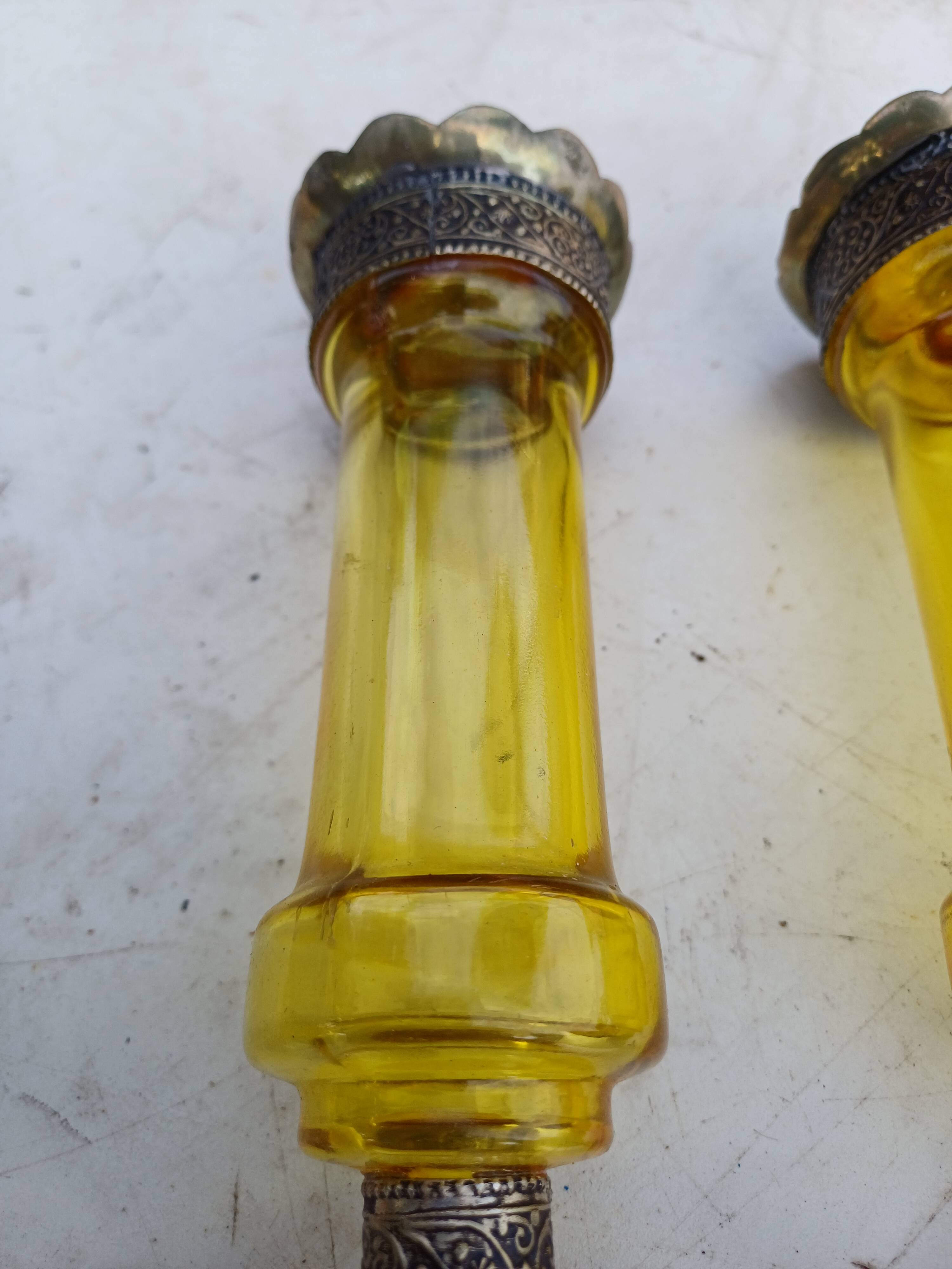 Pair of Silver Metal Candlesticks, Yellow Glass