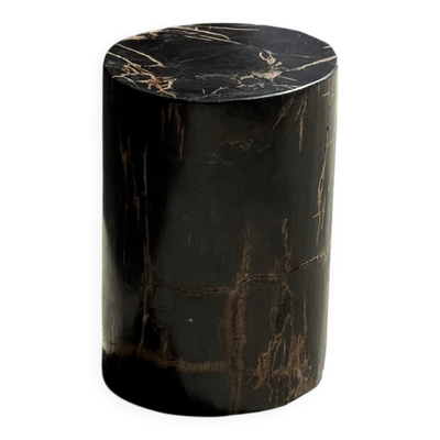 Petite table d'appoint en bois pétrifié noire stries beiges H28 D18 - 3347