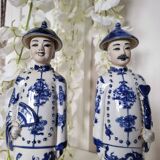 Pair of vintage Chinese blue and white porcelain figurines depicting