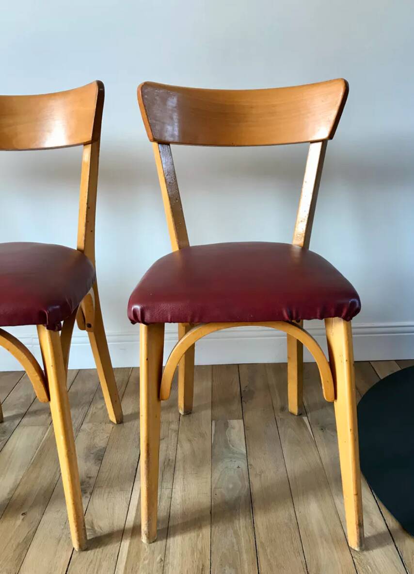 Set of 6 Luterma bistro chairs in blond wood and skaï 50s