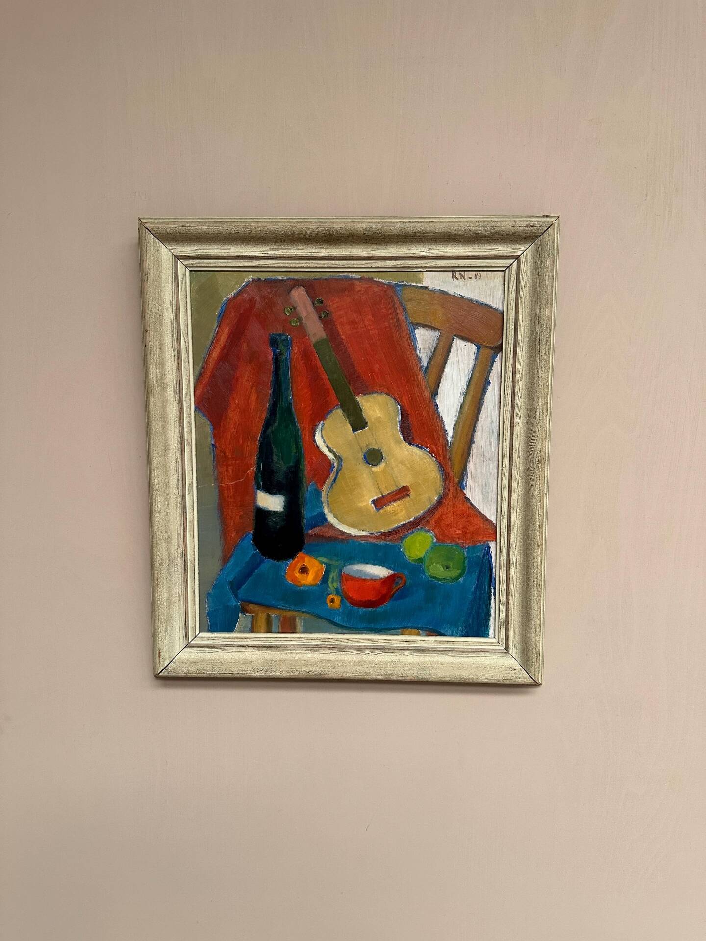 Swedish Oil on Canvas – “Still Life with Guitar and Wine Bottle”