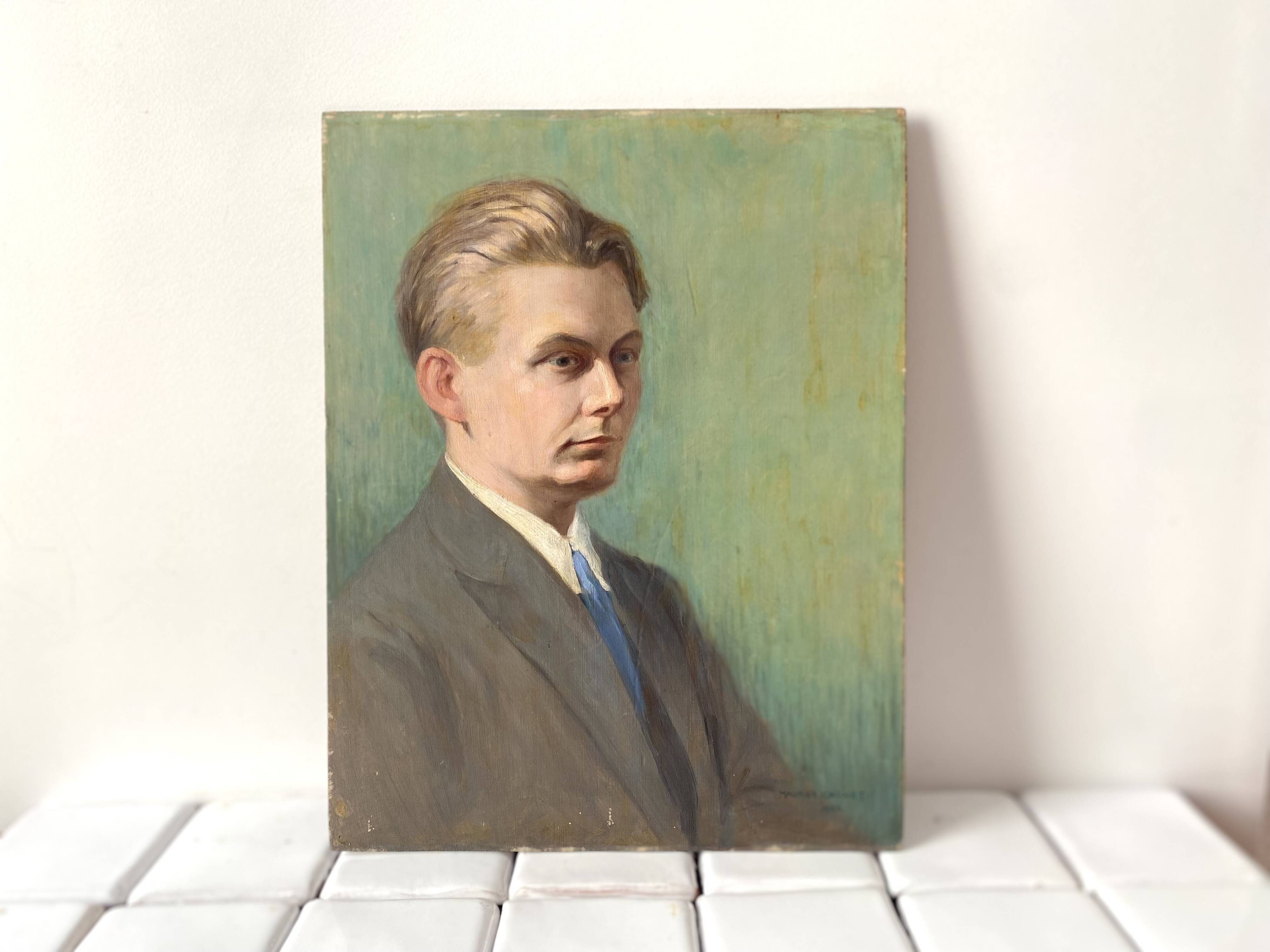 Old portrait in oil on panel 1920, vintage painting of a man signed Cagnet