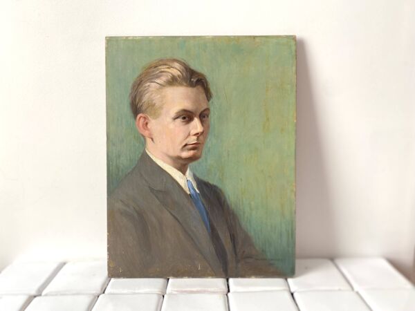 Portrait ancien à l'huile sur panneau 1920, peinture vintage d'un homme signée Cagnet
