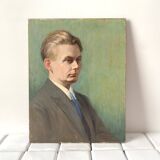 Old portrait in oil on panel 1920, vintage painting of a man signed Cagnet