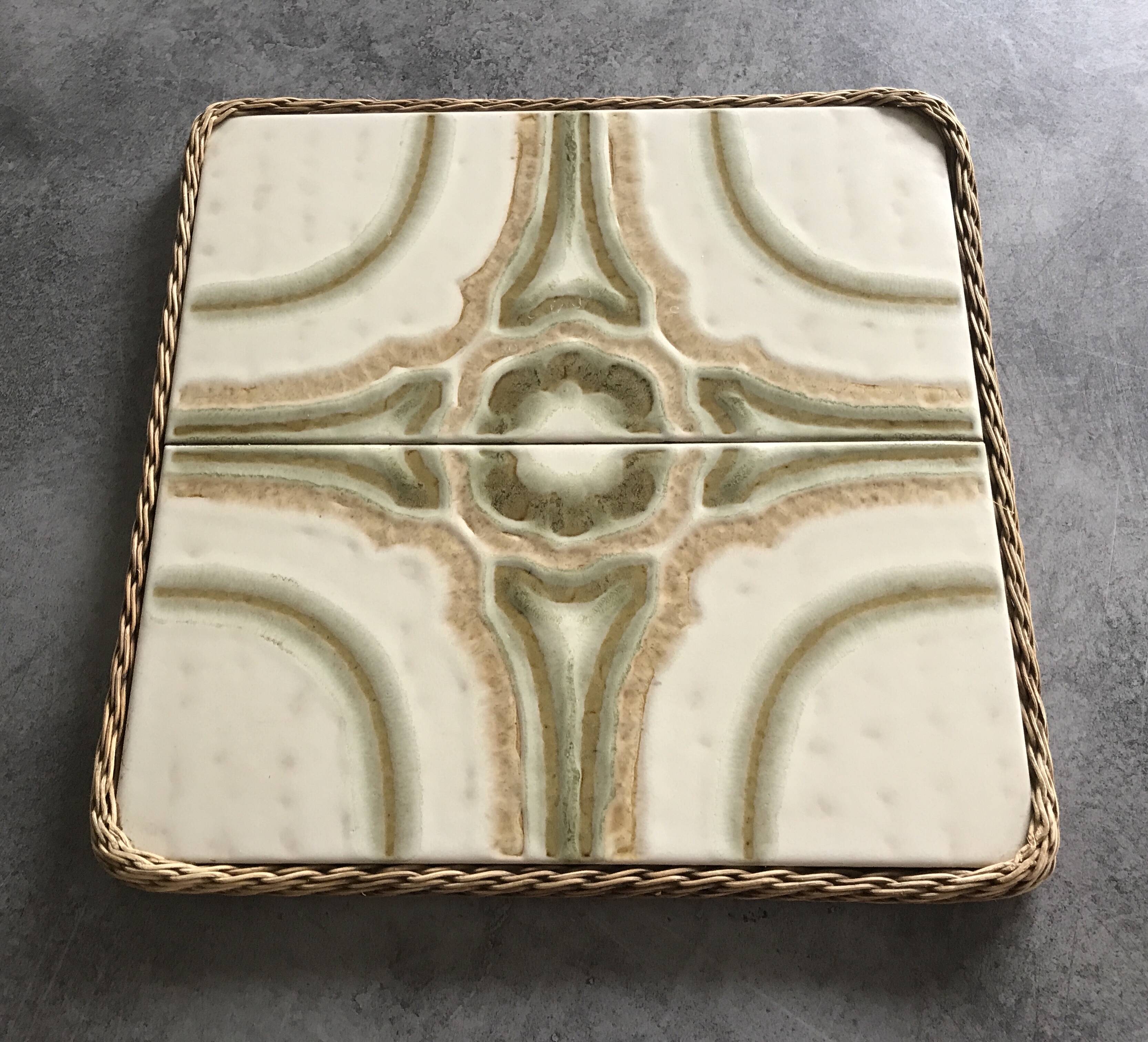 Ceramic tile trivet with vintage pattern woven wicker outline