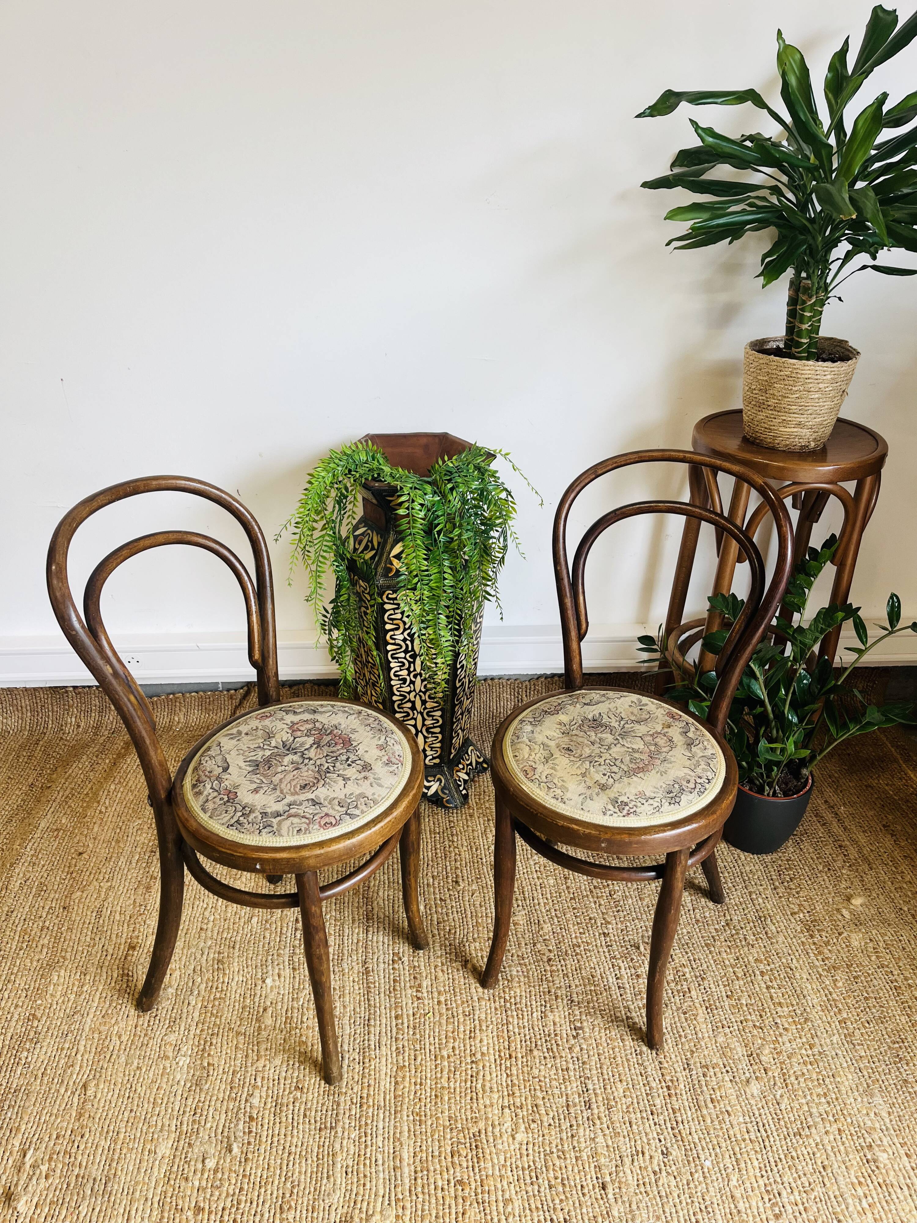 Pair of vintage bistro chairs – bentwood – floral upholstered seat