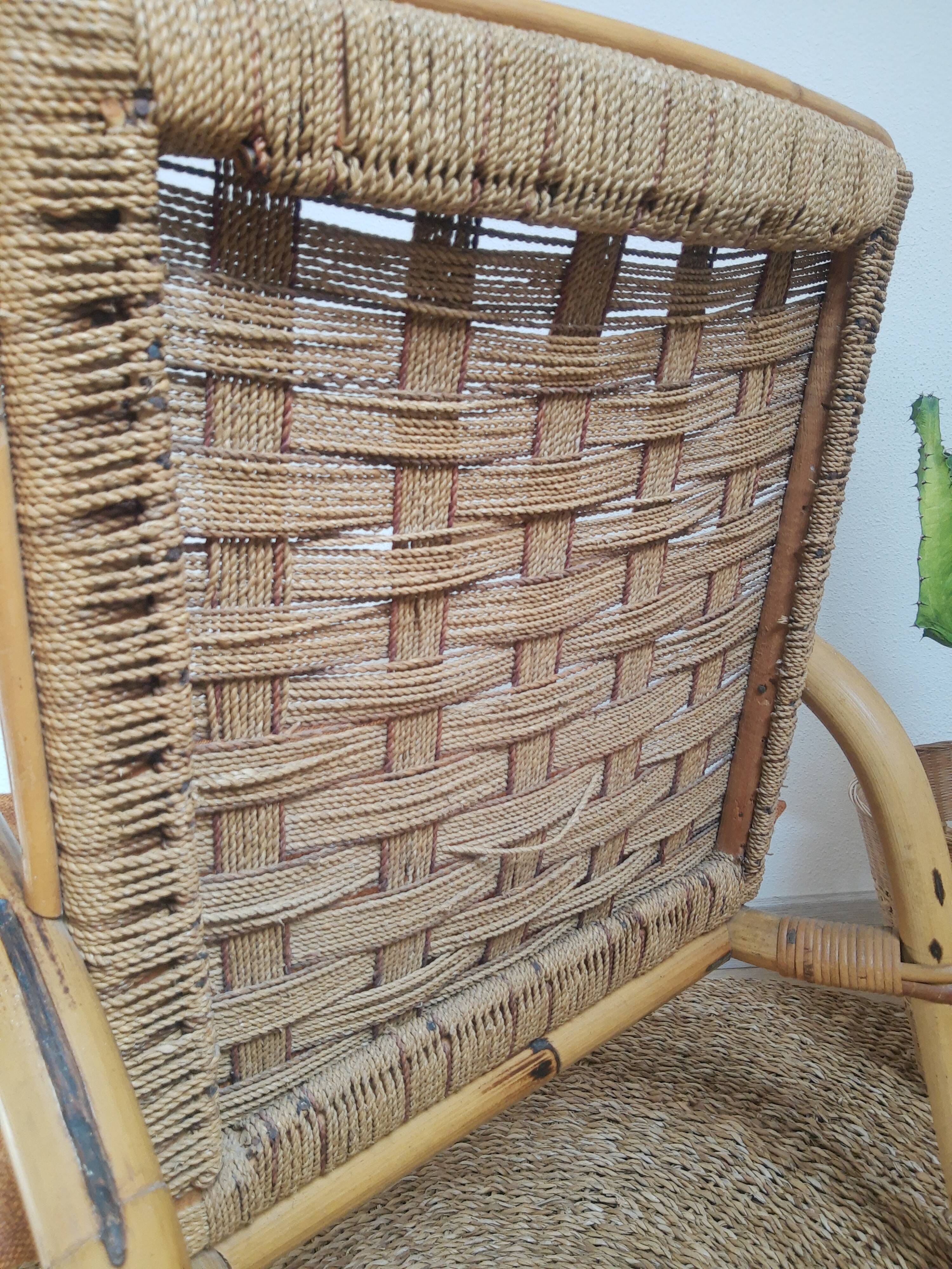 Vintage rattan and braided rope armchair