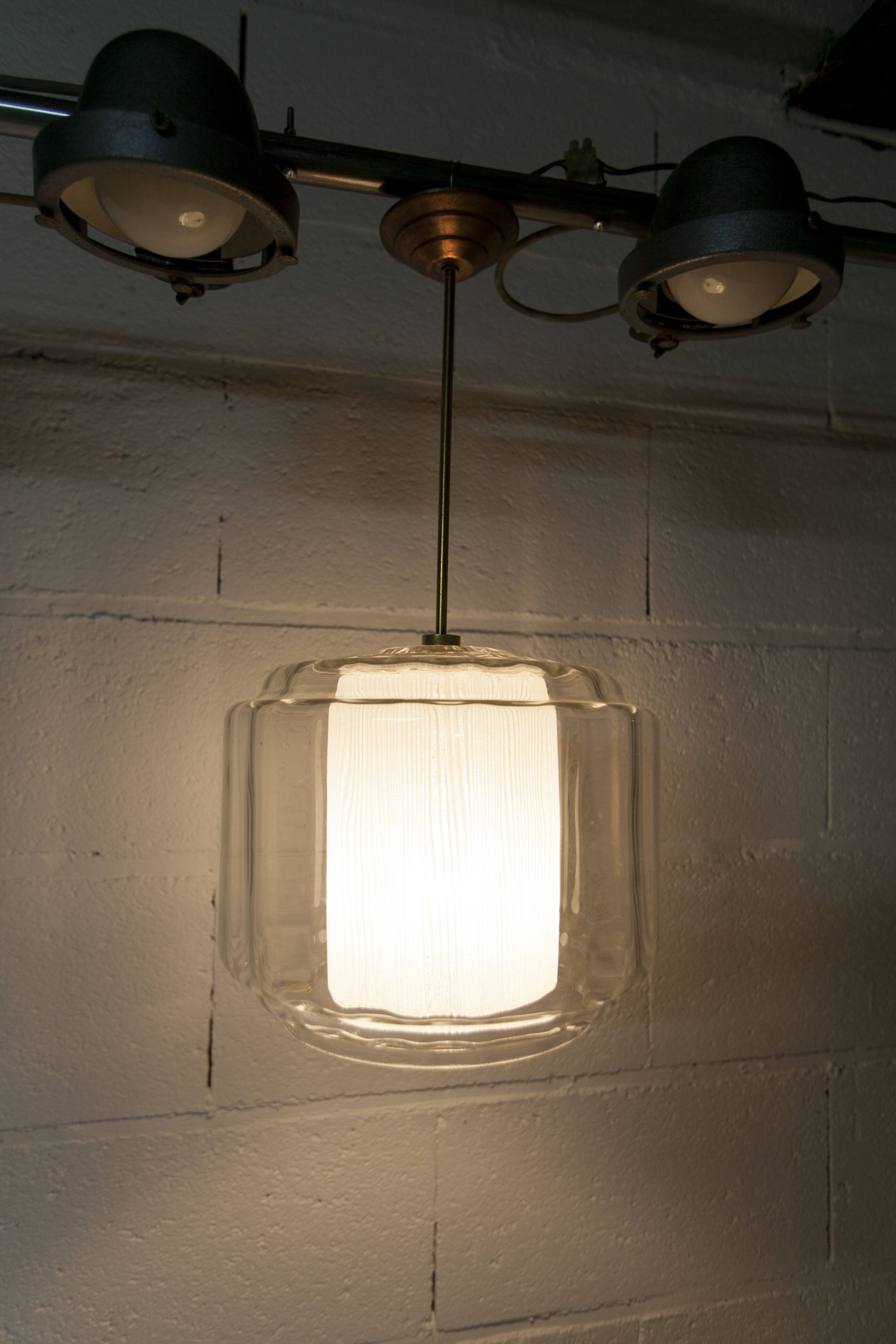 Chandelier 1930 double Opaline blown glass brass and copper