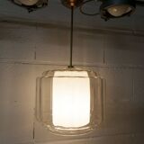 Chandelier 1930 double Opaline blown glass brass and copper