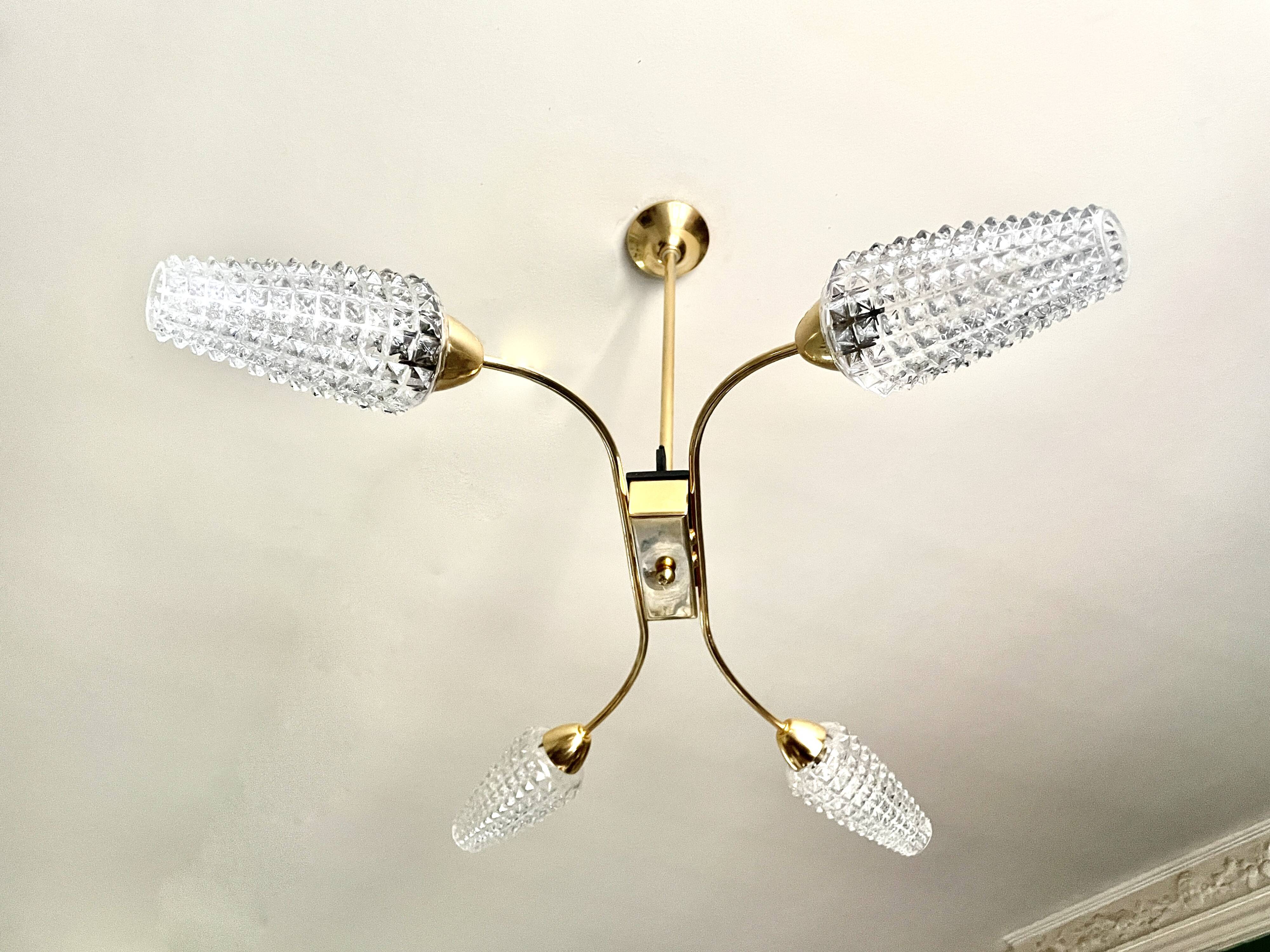 Lustre laiton doré à 4 tulipes Arlus 1950