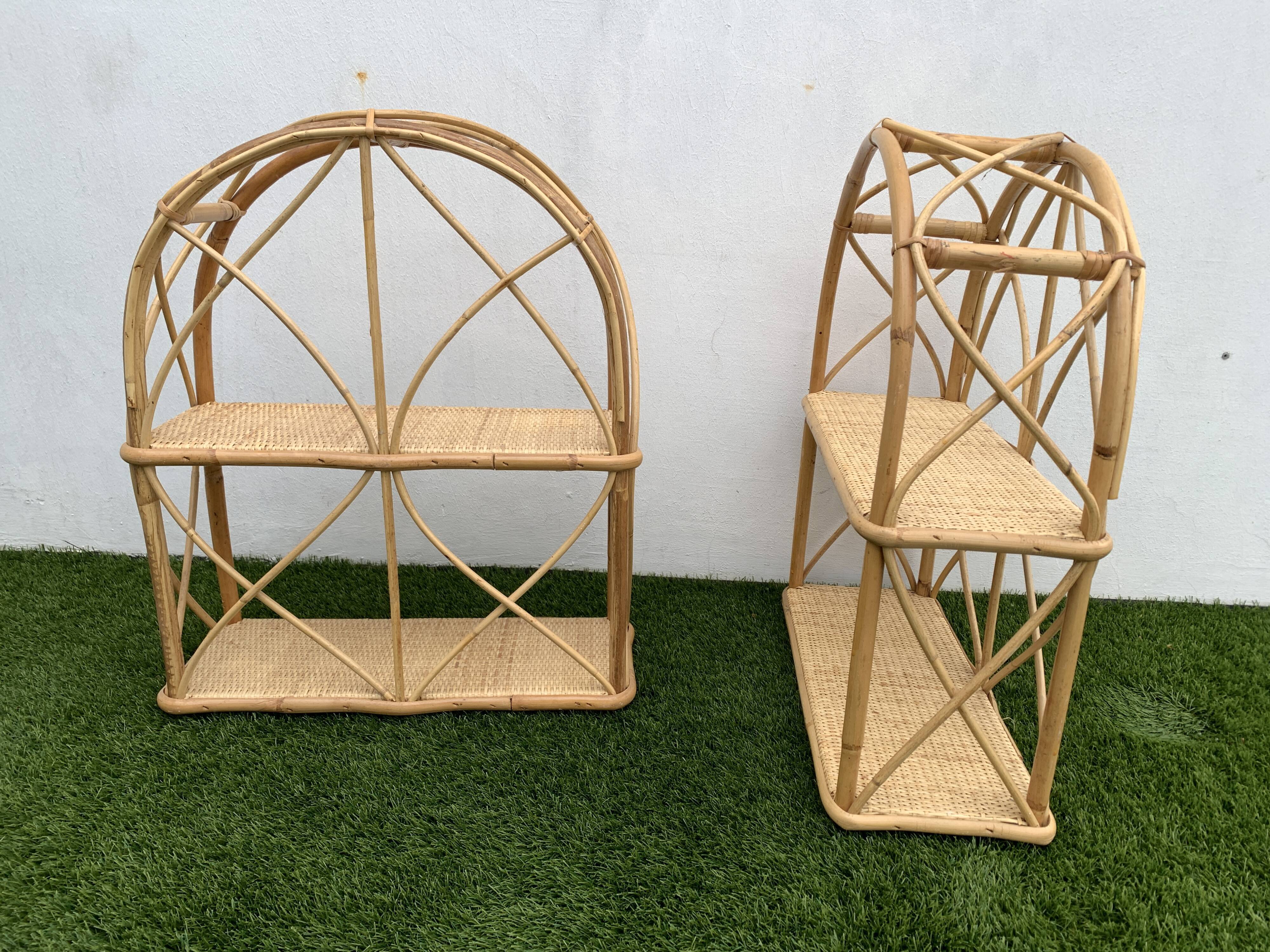 Pair of rattan and bamboo shelves or wall-bookcases, 1970